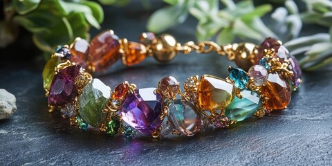 Poster - Colorful artisan bracelet with sparkling gemstones in varied shapes, prominently positioned on a dark stone surface surrounded by greenery.