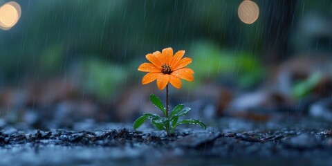 Poster - A vibrant orange flower stands alone against a blurred green background, droplets of rain glistening, symbolizing resilience and renewal.