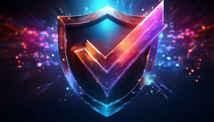 Poster - A vibrant, digital shield with a checkmark, representing security and trust in technology, surrounded by colorful sparks.