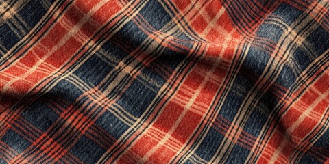 Poster - Texture of a woven plaid fabric featuring red, navy blue, and beige stripes in a dynamic wave pattern with soft shadow highlights.