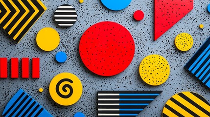 Poster - Colorful abstract geometric shapes on a speckled grey background, for design and art uses