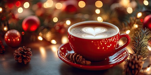 Poster - Festive red coffee cup on a saucer surrounded by pinecones and sparkling Christmas lights with blurred bokeh effect in warm tones