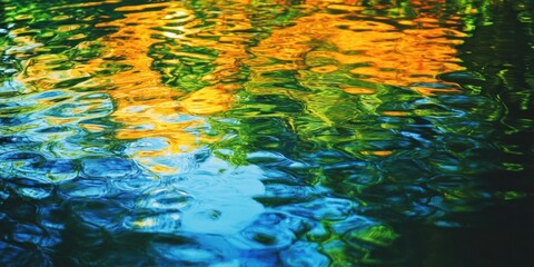 Aufkleber - Vibrant blue and green water texture with reflections of yellow and orange foliage creating a colorful abstract swamp environment pattern