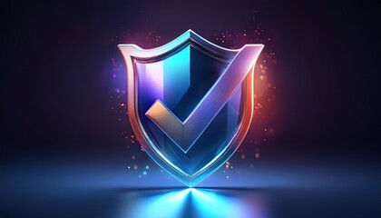 Poster - A vibrant shield icon with a checkmark, symbolizing security and protection, illuminated by colorful sparks against a dark background.