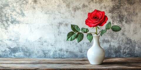 Aufkleber - Elegant red rose in a white vase on rustic wooden table against textured gray wall showcasing vibrant green leaves and soft natural lighting.