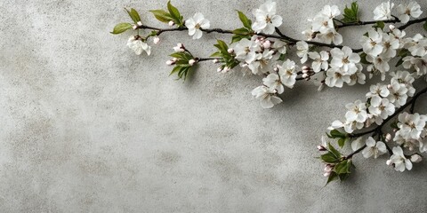 Leinwandbilder - Blossoming cherry branch with delicate white flowers and vibrant green leaves positioned left against a textured concrete backdrop evoking springtime themes.