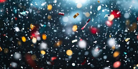 Aufkleber - Festive snow and confetti background with vibrant red, gold, and white elements falling against a dark backdrop creating a joyful holiday atmosphere.