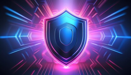 Poster - A glowing shield emblem set against vibrant, colorful beams of light, symbolizing protection and security in a digital realm.