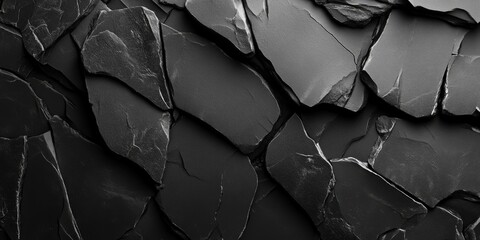 Poster - textured black stone background with jagged layers of slate exhibiting varying shades of dark gray and subtle glossy highlights in a horizontal layout