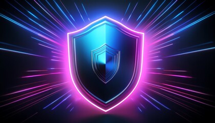 Poster - A glowing shield icon surrounded by vibrant light effects, symbolizing protection and security in a digital context.