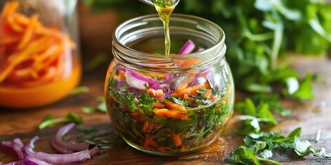 Poster - Fresh herb salad mixture in glass jar with vibrant orange carrots and red onion slices; green herbs scattered on wooden surface.