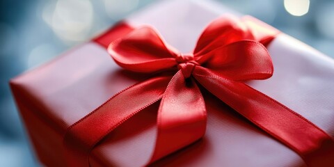 Poster - Red gift box with a glossy ribbon bow positioned centrally against a blurred background of soft blue and warm lights, evoking a festive atmosphere.