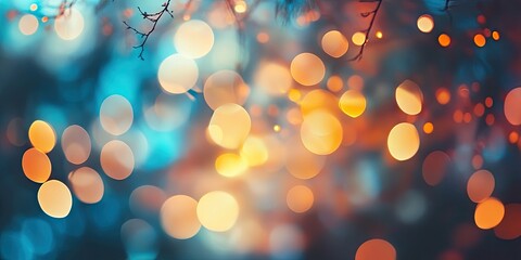 Poster - Colorful bokeh background featuring blue orange and yellow hues with scattered circular lights and soft blurred focus creating a dreamy atmosphere