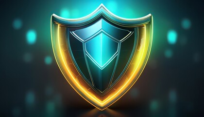 Poster - a glowing shield emblem with a modern design, featuring blue and gold tones, representing protection