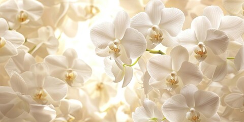 Fototapete - Delicate white orchids in soft focus with subtle light background creating an ethereal ambiance showcasing elegance and natural beauty.
