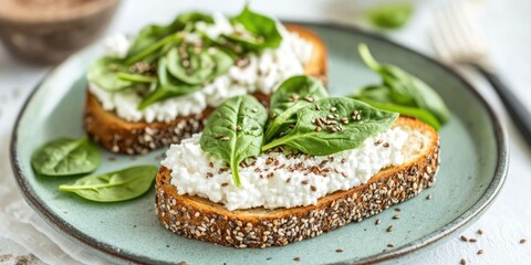 Poster - Freshly toasted whole grain bread topped with creamy cottage cheese and fresh baby spinach garnished with flaxseeds, presented on a light blue plate.