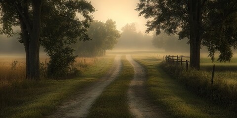 Fototapete - Foggy dirt road meandering through lush green fields and trees, soft warm tones creating a tranquil atmosphere in serene nature setting