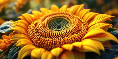 Poster - Vibrant close-up of a unique sunflower with intricate spiral patterns in bright yellow and green hues, set against a softly blurred floral background.