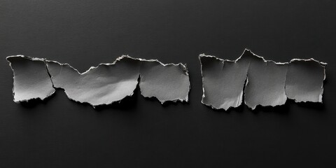 Poster - ripped pieces of gray paper arranged horizontally on a solid black background with ample negative sp