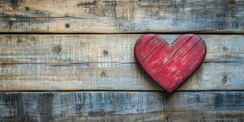 Aufkleber - Red wooden heart on rustic wooden background ideal for Valentine's Day celebration featuring empty space for text on the left side