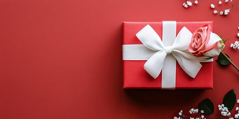 Poster - Red gift box with white ribbon resting on a red background, accompanied by a pink rose and small white flowers on the left side.