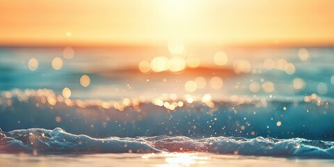 Poster - Sunset over a tranquil ocean with soft waves and glistening water droplets reflecting warm orange and blue hues in the background.