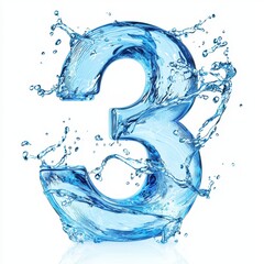 Number 3 made of pure blue water with realistic splashes isolated on a clean white background