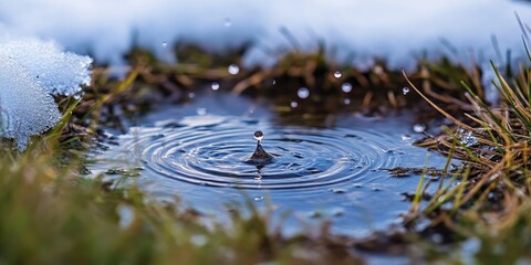 Aufkleber - Droplet causing ripples in a small pond surrounded by green grass with patches of snow in the background, capturing natural tranquility and beauty