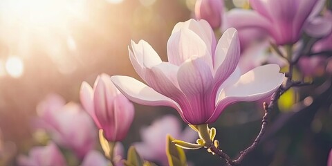 Poster - Delicate pink magnolia blossoms under soft sunlight with a blurred background creating a warm, serene atmosphere of spring elegance.