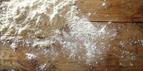Poster - Rustic wooden table with white flour spread out in a textured, natural setting ideal for culinary themes and creative copyspace arrangements.