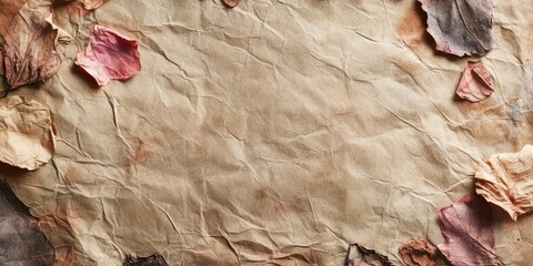 Leinwandbilder - Vintage textured paper background in earthy tones with pink and brown leaves scattered around edges, creating a natural, rustic aesthetic.