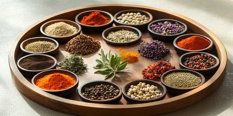 Poster - Diverse circular arrangement of spices on wooden tray featuring vibrant colors and textures of 16 spices in dark bowls with herbs in center