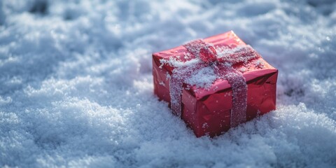 Poster - Red gift box with a glittering silver ribbon amidst sparkling white snow, centered on a soft snowy surface, ideal for winter celebrations.