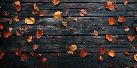 Aufkleber - Autumn leaves in shades of red and orange scattered across a dark weathered wooden surface with visible knots and gaps, creating a rustic atmosphere.