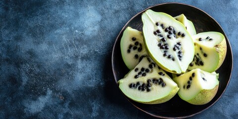 Poster - Shallow black dish of sliced cherimoya with dark seeds on textured blue background ample copy space horizontal layout vibrant colors