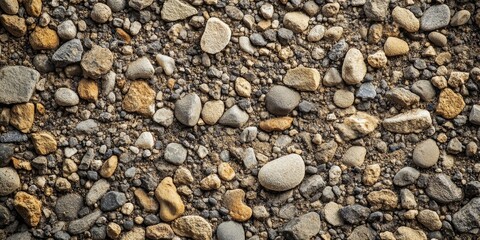 Fototapete - Textured gravel surface with various smooth and rough stones in shades of grey, brown, and beige, densely arranged for a natural appearance.