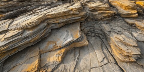 Poster - Layered rock formations with textured surfaces in shades of gray and warm hues of orange and yellow, capturing natural geological beauty and details.