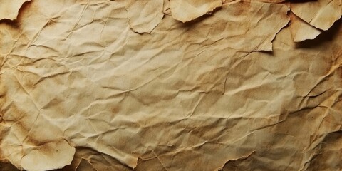Fototapete - Aged crumpled paper texture in warm beige tones with uneven edges creates a vintage background ideal for text placement and design elements.