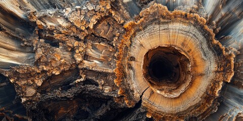 Aufkleber - Abstract close-up of a halved tree trunk showcasing intricate wood grain patterns in earthy tones of brown and orange with a dark center.