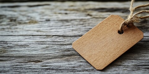 Aufkleber - rustic wooden surface with an empty brown price tag positioned on the left side, featuring natural t