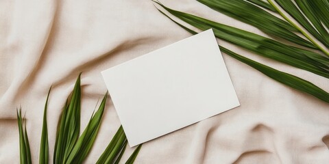 Fototapete - Blank white card on soft beige fabric surrounded by green palm leaves creating a natural and calming flat lay composition.