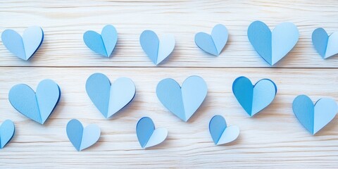 Poster - Blue paper hearts in various sizes scattered on a light wooden surface creating a soft romantic atmosphere and appealing visual symmetry