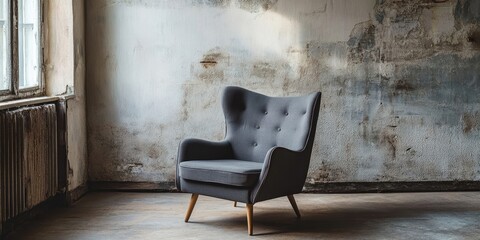 Poster - Elegant gray armchair with button tufting set in minimalistic unoccupied room featuring distressed wall and ample copy space on right side