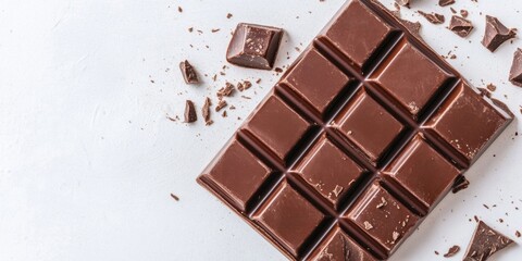 Poster - Rich dark chocolate bar with pieces scattered on a clean white surface highlighting its smooth texture and delightful sweetness inviting indulgence