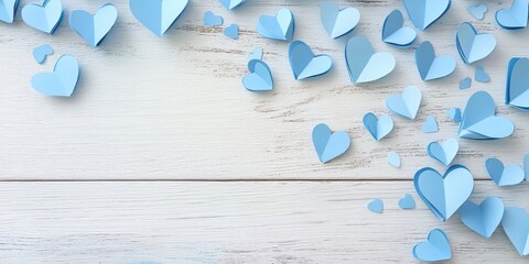 Poster - Blue paper hearts scattered on a light wooden surface with various sizes and shades creating a romantic and playful backdrop for celebrations.