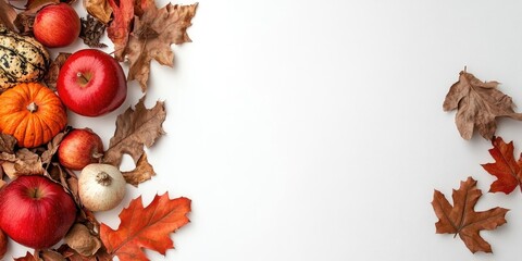 Aufkleber - Autumn harvest arrangement with red apples, orange pumpkin, gourds, and dry leaves on a white background creating a seasonal aesthetic.