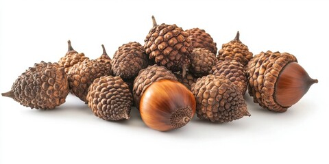 Aufkleber - Aesthetic arrangement of assorted acorns on a bright white background showcasing rich brown hues and intricate textures for natural design inspiration