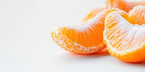 Poster - Vibrant orange tangerine segments placed on a clean white background showcasing their juicy texture and freshness in a close-up view