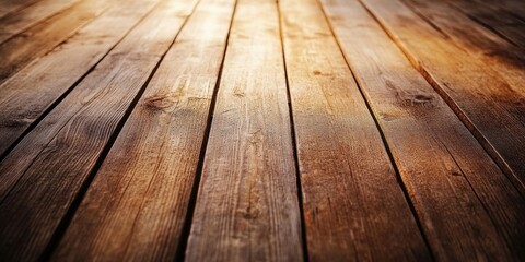 Wall Mural - Wooden table close-up from a bird's eye perspective showcasing warm brown tones and natural wood grain patterns with soft lighting highlights.