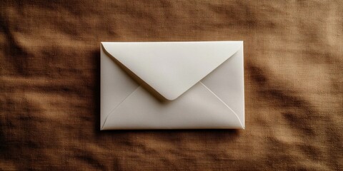 Poster - Plain white envelope positioned centrally on a textured brown fabric background, conveying simplicity and minimalism in design.
